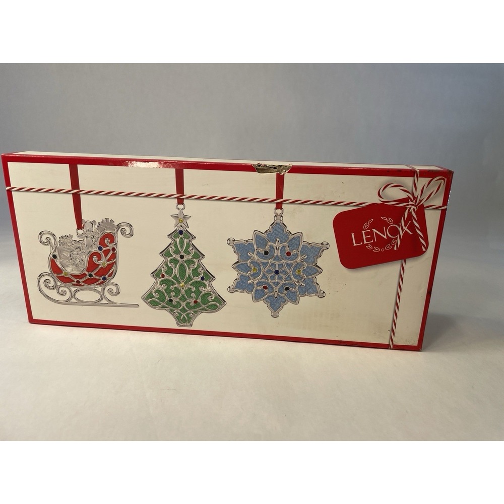 Lenox Merry & Bright Multi Christmas Ornament Set of 3 Tree, Sleigh, Snowflake